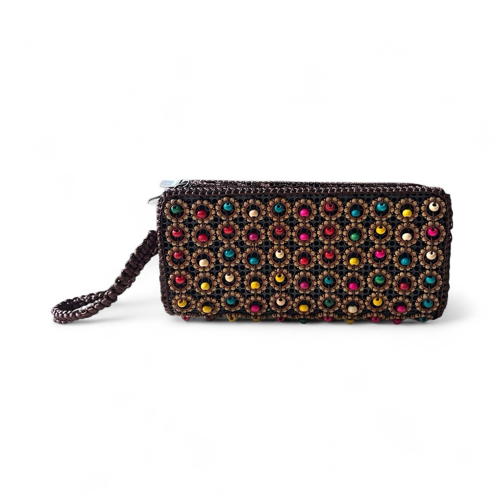 Boho Beaded Wristlet Wallet Multicolor Festival Clutch Brown Zip